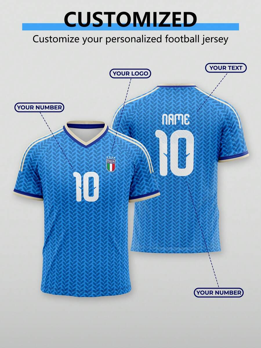 Áo thun thể thao tùy chỉnh này có thiết kế áo đấu World Cup của đội tuyển quốc gia Ý, với họa tiết sọc xanh trắng, được thiết kế đặc biệt cho World Cup 2026. Có thể tùy chỉnh với chữ cái và tên. Chiếc áo thun này có thể dùng làm quà tặng, quà tặng Ngày của Cha, hoặc áo thun cho các sự kiện kỷ niệm. Thích hợp cho mùa hè, hoặc để mang theo khi đi du lịch. - Màu xanh lam - Xem 1
