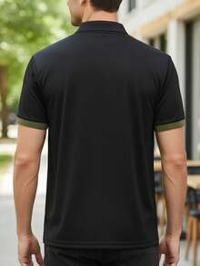 男士拼色四分之一鈕扣 Polo 衫，休閒週末 T-shirt，經典版型夏季運動上衣 - 黑色 - 查看 4