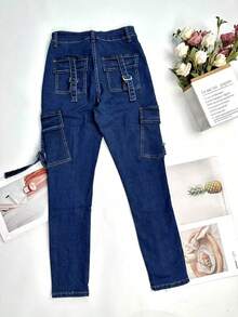 Quần cargo denim màu trơn phong cách Y2K, kiểu dáng thường ngày, đa năng, thích hợp cho mùa xuân. - Màu xanh trung bình - Xem 7
