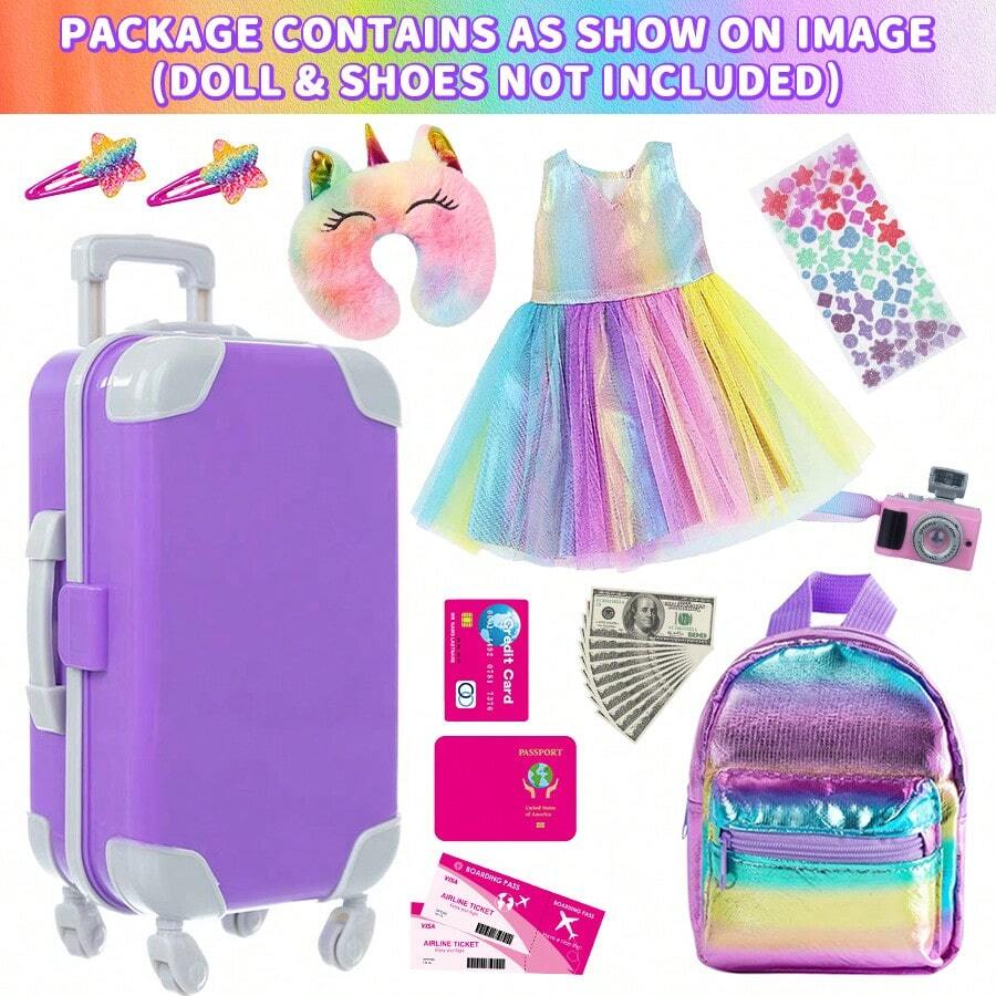 18-Inch Doll Travel Set (Doll Not Included), Includes Dress, Camera, Boarding Pass, Credit Card, Passport, Suitcase, Backpack, Travel Pillow, Stickers, Hair Clip, Costume Plaything, Girl's Toy, Christmas Gift. - Luggage Set - View 1