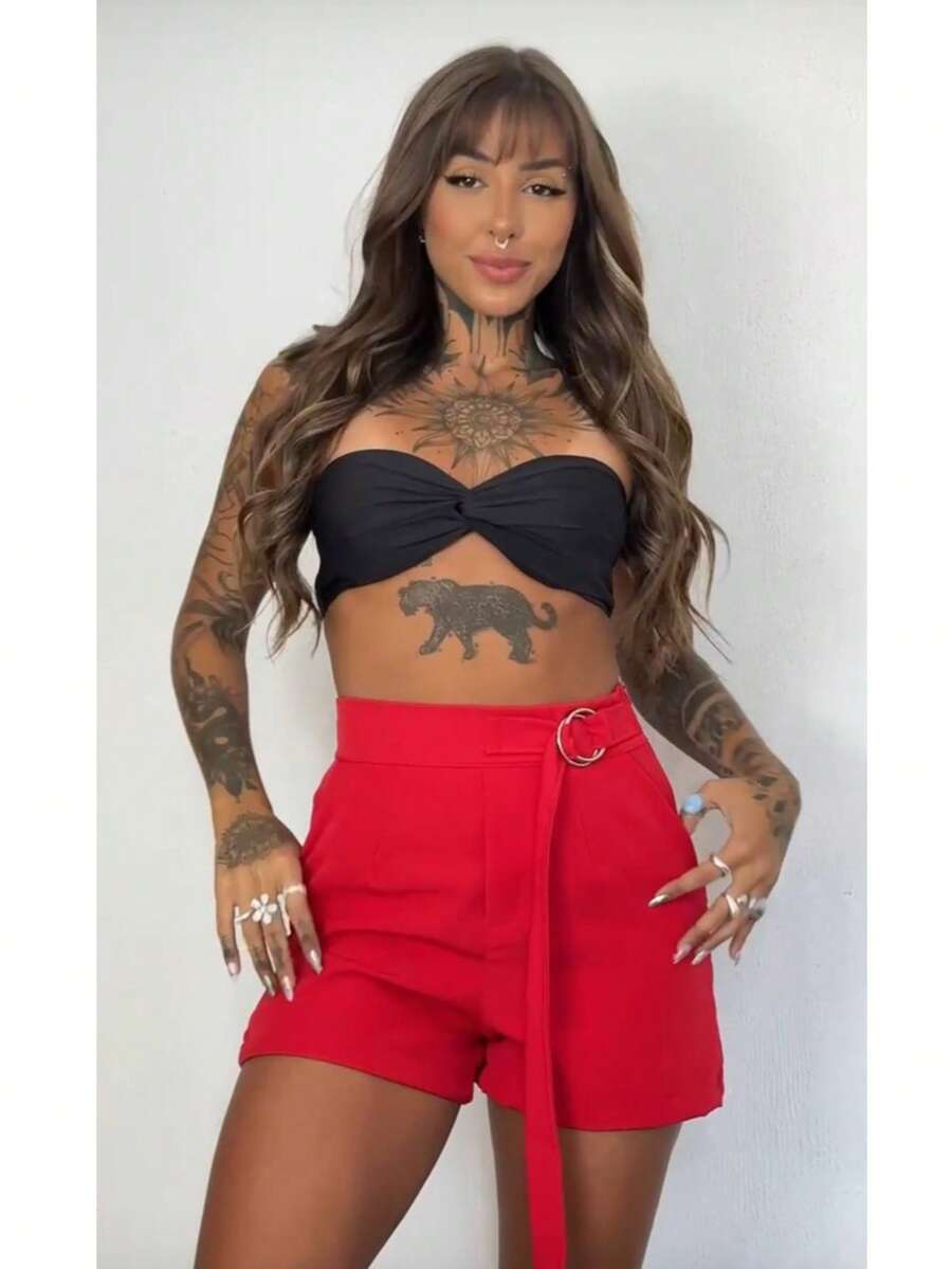 Women's Tailored Shorts With Tie - Red - View 1