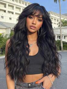 30 英寸黑色假发长卷波浪假发，浪漫美丽的合成假发，带刘海假发，适合日常生活和派对。 - 黑色 - 查看 2