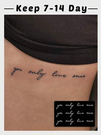 1 pieza de tatuaje temporal artístico con la frase en inglés "You Only Live Once" de estilo manuscrito, pequeño y de diseño único de actitud para la cintura y el abdomen, a prueba de agua y de larga duración con jugo de hierbas, puede durar de 7 a 14 días