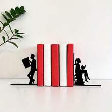 2pcs/Set Metal Couple Bookends Decor - Fashionable Bookshelf Decoration - Office Or Home Book Support - Durable Home And Office Organizer, Mini Bookshelf, Home Decor Books, Classic Design, Powder Coated Surface - Black - View 8