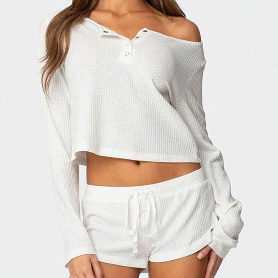 Women Fall Pajama Set Solid Long Sleeve Crop Tops And Elastic Waist Mini Shorts 2 Piece Lounge Outfit - 白色 - 查看 1