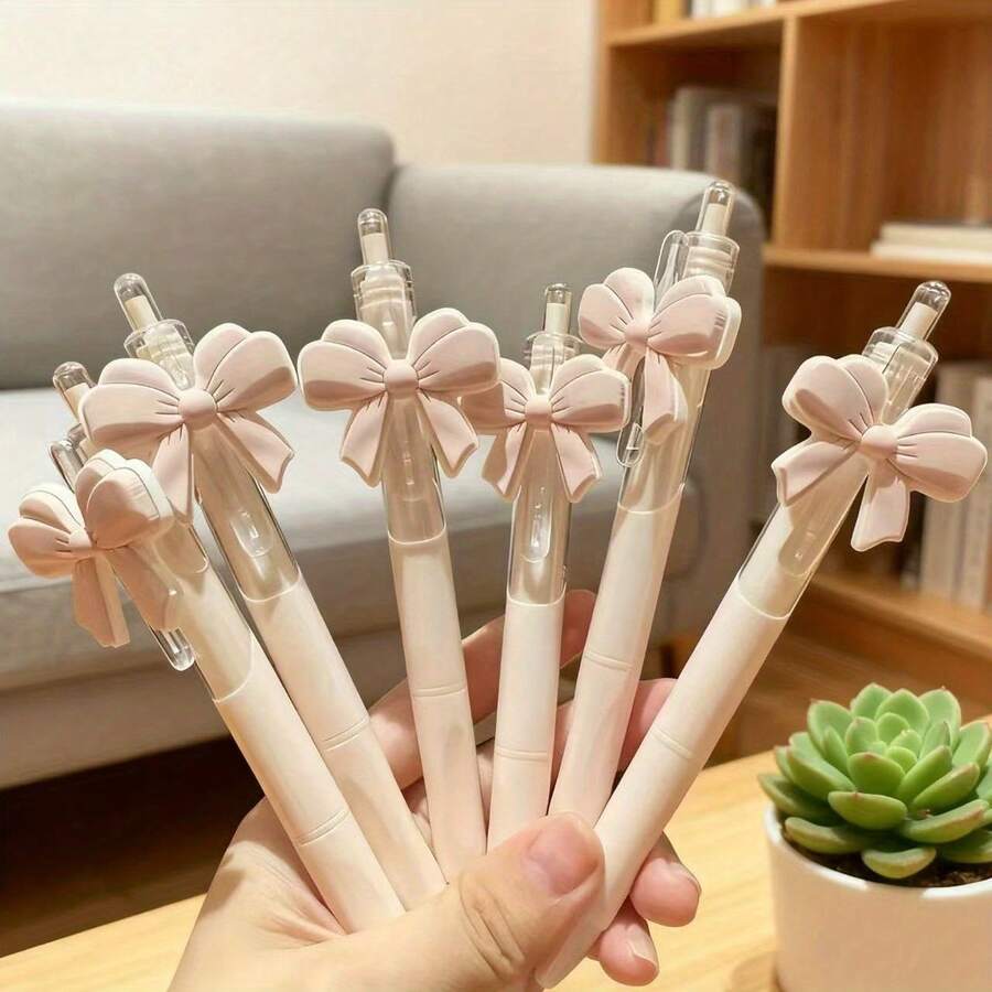 6支可爱粉色蝴蝶结圆珠笔，少女文具，0.5毫米顺滑按动笔，学生/办公用品及青少年礼物