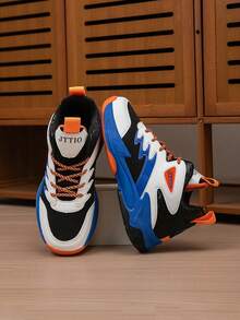 1 Pair Kids' Basketball Shoes, Fashionable Colorblock Breathable Casual Outdoor Sports Shoes For Boys, Suitable For All Seasons - Blue and White - View 3