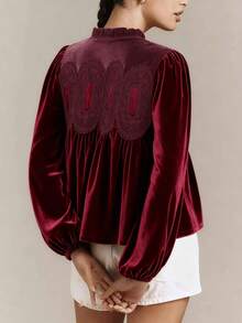 Velvet Trim Lace Blouse Women Long Sleeve Elegant Swing Top Flared Hem Round Neck Casual Blouse Tunic - 中紫紅色 - 查看 2