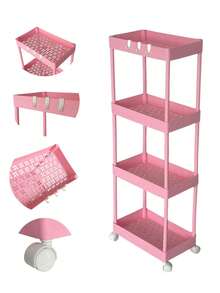 Estante Organizador con Ruedas Multiusos Ruedas Anaquel Baños Cocina, con 4 GANCHOS, Estante Móvil con Ruedas y Diseño Rectangular– Disponible en 2, 3 y 4 Pisos - Rosa - Ver 10