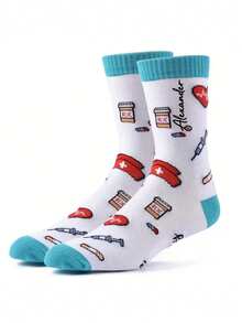 Customized Unisex Nurse's Day Medical ECG Letter Print Mid-Calf Socks, Medical Element Letter Mid-Calf Socks, All-Season Antibacterial Moisture-Wicking Socks, Ideal Gift For Nurses And Doctors, Elastic Fiber Material, Hand Wash Only, Suitable For Men, Women, Boyfriends, Fathers, Girlfriends, Mothers, Family, Friends, Can Be Used In Tea Rooms, Homes, Gardens, Offices, Christmas, Valentine's Day And Other Occasions - Multicolor - View 3