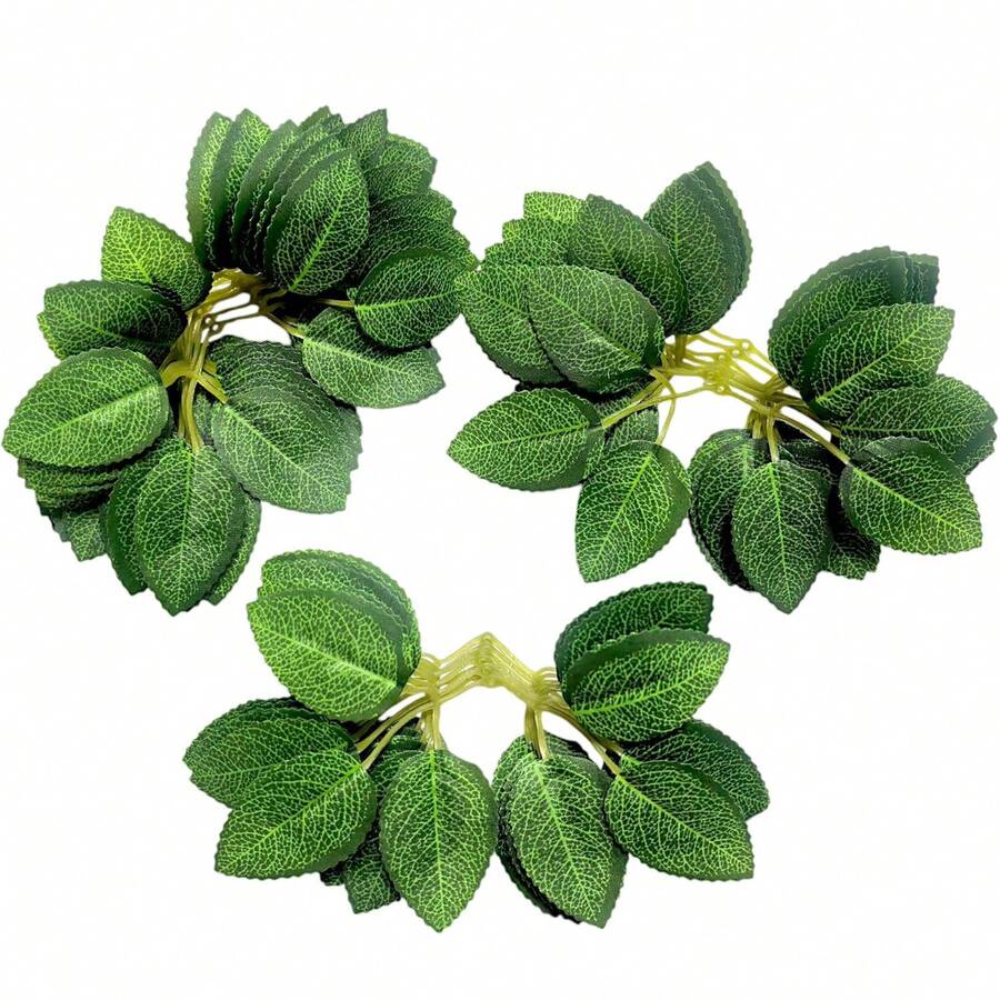 50 piezas de hojas de rosa artificiales sueltas, planta verde falsa, adecuada para ramos de boda DIY, decoración de mesa, decoraciones de fiesta, guirnaldas de rosas, coronas, centros de mesa, flores artificiales - Verde Oscuro - Ver 1