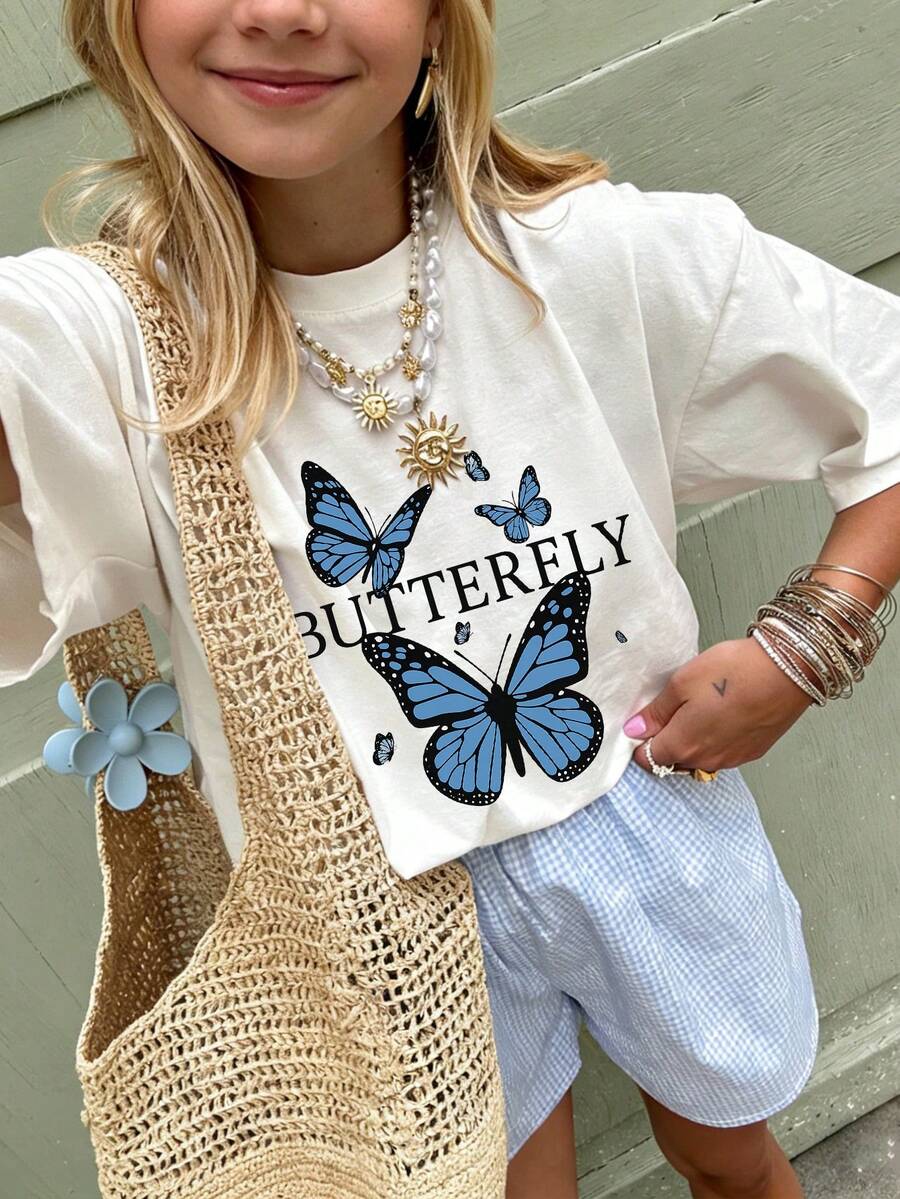 女童及青少年学生休闲印花白色圆领短袖T恤，夏季上衣 - 白色 - 查看 1