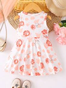 Baby Girls' Casual Cute Rose Flower Print Round Neck Sleeveless Dress, Summer - Pink - View 2