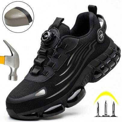 男女通用旋转纽扣舒适工业建筑工作鞋、钢头运动鞋、轻便透气工作靴、户外运动徒步鞋