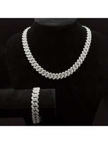 Conjunto de pulseira e colar cubano colar de corrente com cravação de gelo colar de diamantes hip-hop masculino - Prata - Visão 6