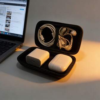 1个EVA材质PU皮革耳机收纳袋，带内袋和网状隔层，便携式收纳袋，简约硬边设计，适合作为圣诞礼物