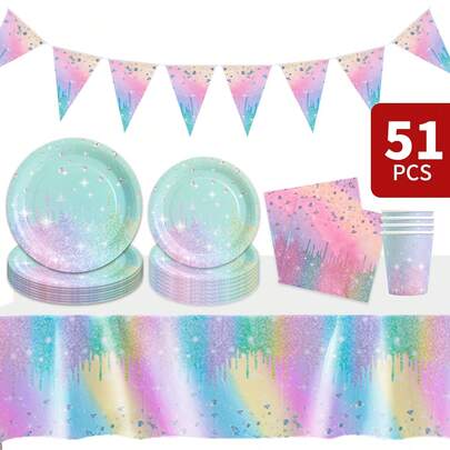 1 Set Dreamy Ombre Glitter Disposable Plates, Napkins, Cups, Tablecloth And Flags, Party Supplies Set For 8 Guests, Suitable For Birthday, Wedding, Theme Party, Family Picnic