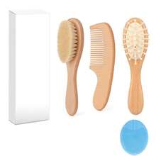 4件套婴儿刷套装 - 柔软刷毛搭配天然木柄，新生儿护理套装，必备婴儿用品，有助于去除乳痂
