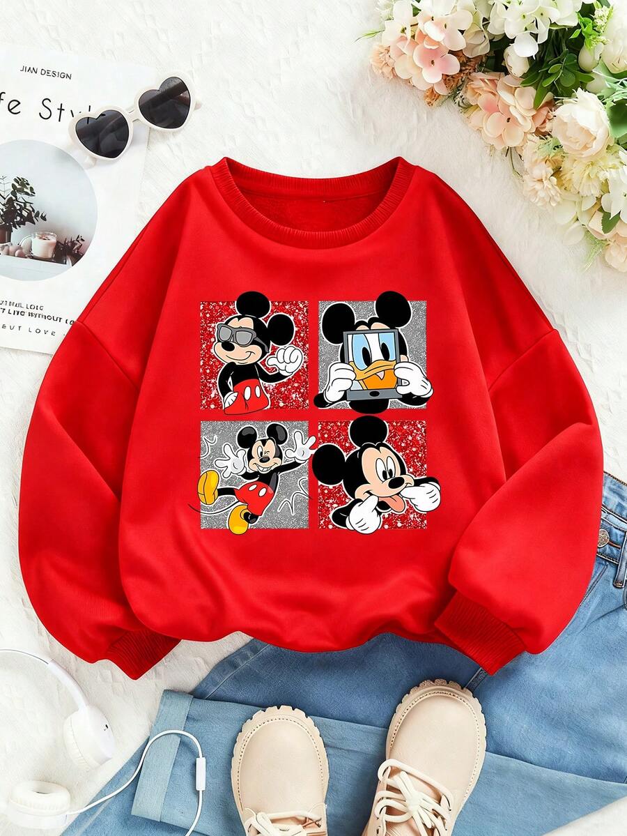 Disney Mickey Mouse Cartoon Pattern Print, Soft And Warm Girls' Hoodie, Suitable For Girls' Daily Wear, Family Outings And Other Scenarios. - Đỏ - Xem 1