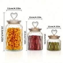 Heart-Shaped 3-Piece Jar Set Large-Capacity Glass Food Storage Jars Airtight Clamp Lids For Leak-Proof Kitchen Storage Transparent Sealed Containers Ideal For Sugar, Flour, Grains, Coffee Beans, Spices, Dried Goods, Cereal, Cookies, Tea, Nuts, Pasta Moisture-Proof, Freshness-Preserving Storage Jars Stackable For Space-Saving Easy-Open Wide-Mouth Design Essential Home Baking Ingredient & Seasoning Organizer Large Mason Wide-Mouth Jars Father's Day Gift - 琥珀色 - 查看 4