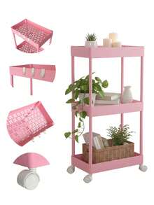 Estante Organizador con Ruedas Multiusos Ruedas Anaquel Baños Cocina, con 4 GANCHOS, Estante Móvil con Ruedas y Diseño Rectangular– Disponible en 2, 3 y 4 Pisos - Rosa - Ver 5