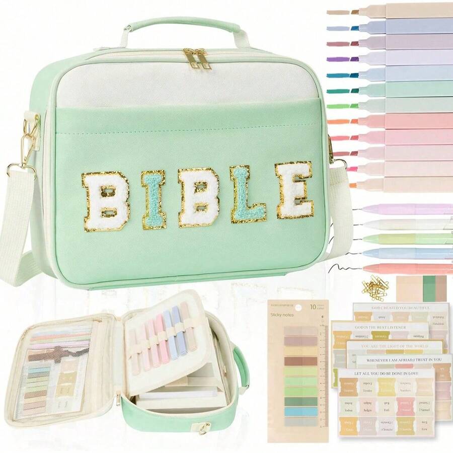 Bible Cover Case For Women Grils, Preppy Bible Bag With Adjustable Shoulder Strap, Waterproof Bible Carrying Tote Bags Holder For Bible Study Supplies Accessories & Christian Gifts - 綠色 - 查看 1