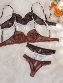 3pcs/Set Women Lace Wireless Thin Cup Comfortable Bra Set, Solid Color - 彩色 - 查看 1