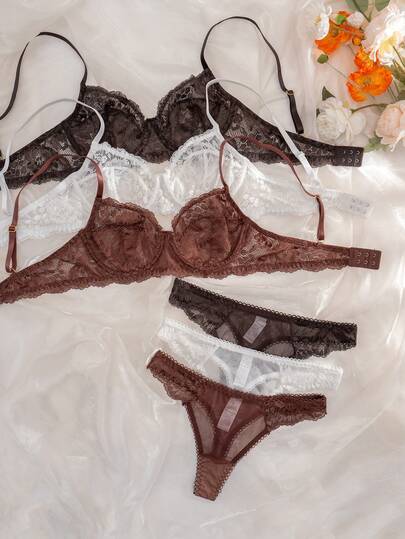 3pcs/Set Women Lace Wireless Thin Cup Comfortable Bra Set, Solid Color