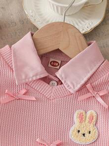 3pcs Baby Girls' Fashion Casual Cute Set: Pink Minimalist Shirt + Pleated Striped Skirt + Bow Bunny Knitted Warm Vest - Pink - View 3