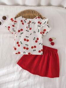 2件套女婴樱桃印花蝴蝶结装饰短袖上衣和蝴蝶结装饰半裙休闲套装