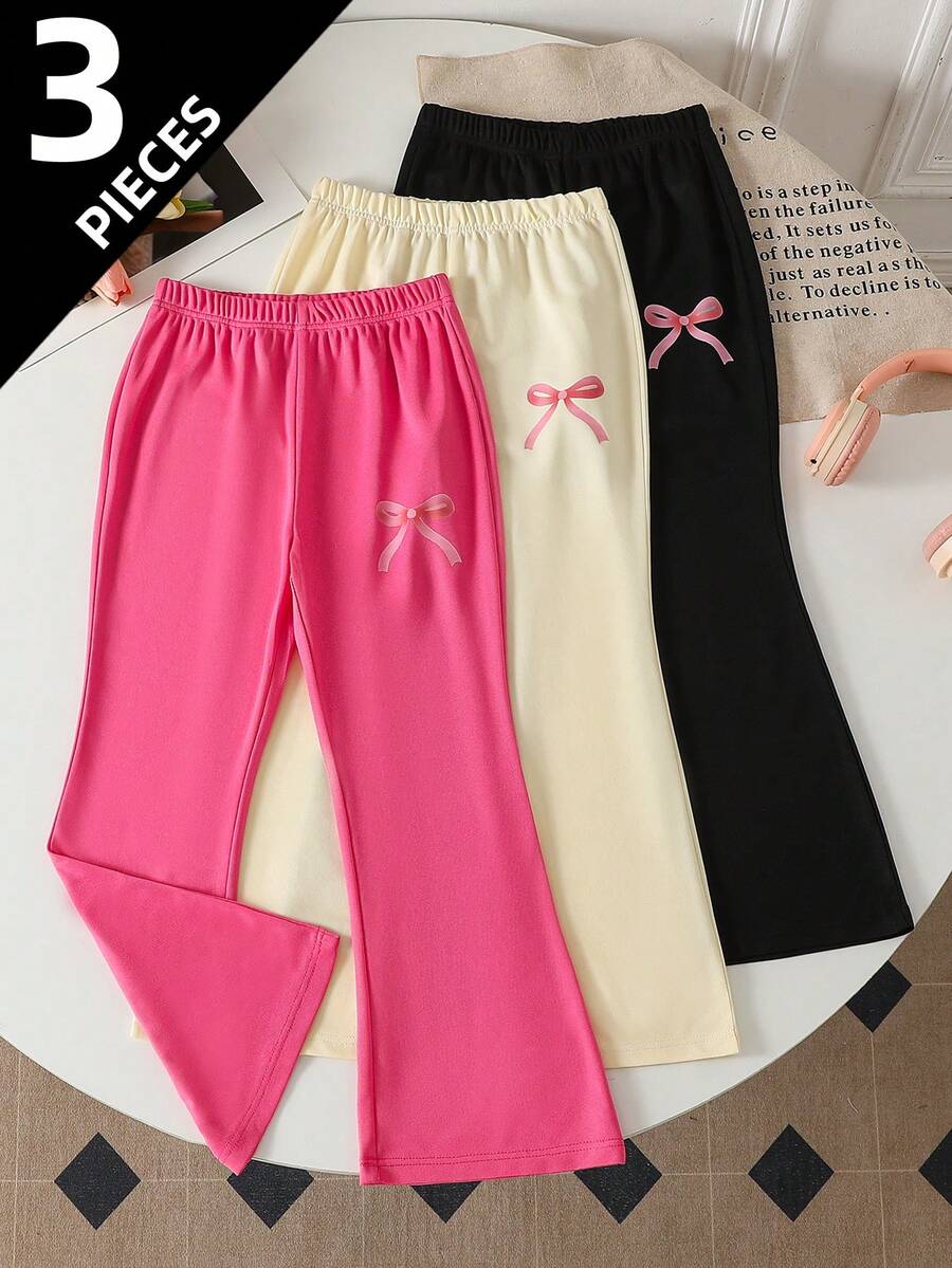 3pcs/Set Girls' Casual Minimalist Bow & Floral Print Flare Pants - Multicolor - View 1