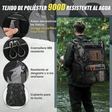RAINSMORE Mochila de pesca 45L Mochila para aparejos de pesca con portacañas y funda impermeable Bolsa de agua grande para guardar equipo de pesca - Camuflajenegroygris - Ver 5
