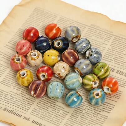 20颗/包 波西米亚风釉面陶瓷南瓜珠，适用于珠宝制作、手工DIY手链、项链、窗帘装饰、串珠工艺等。