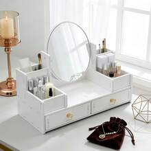 Rotating Makeup Mirror Storage Rack, Drawer Style Tabletop Large Capacity Jewelry Box, Elegant Cosmetic Organizer
