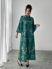 1pc Women's Green All-Over Allover Print Mandarin Collar Flare Sleeve Single-Breasted Long Casual Dress, Elegant Arabic Style Robe For Luxury Party/Festival - Green - View 5