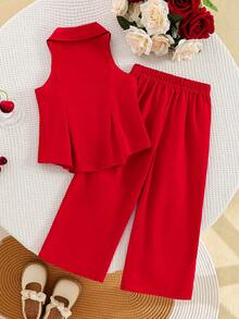 两件套女童甜美可爱套装，精致蝴蝶结无袖上衣+宽松阔腿裤，适合外出、生日派对、日常穿着。