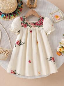 Vintage Floral Print Loose Dress For Girls, Delicate Puff Sleeve Embroidered Flowers (Embroidered Flower Position And Collar Flower Color Are Random), Suitable For Parent-Child Activities, Garden Party - Apricot - View 3