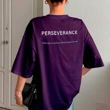 T-Shirt With "Perseverance" Print Lettering. Minimalist, Casual, Modern, Sophisticated, Simple, Basic, Summer, Oversized. - Purple - View 9