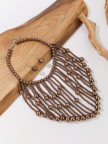 夸张多层蒲公英手工串珠仿珍珠项链耳环套装，复古波西米亚风休闲配饰 - 咖啡棕 - 查看 4