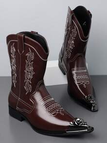 1 Pair Men's Pointed Toe Metal Toe Cap Embroidered PU Leather Upper Rubber Sole Slip-On Comfortable Casual Western Boots, Daily Wear - Burgundy - View 12