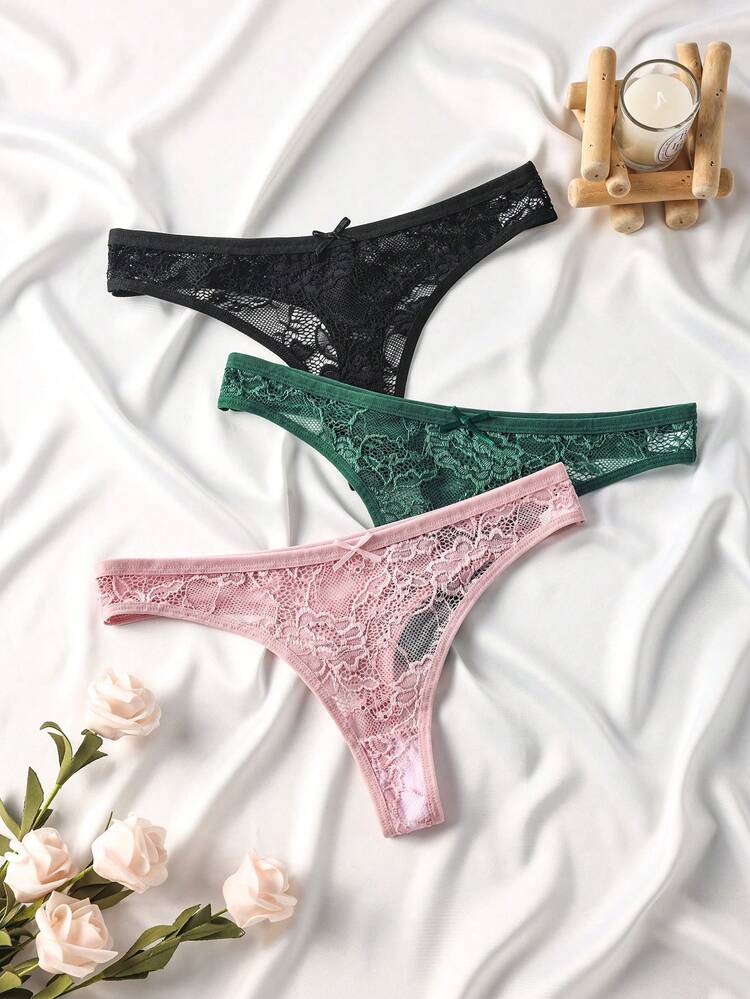 3pcs/Set Women's Romantic Sexy Lace Bow Thong Seamless Stretch Panties - Multicolor - View 2