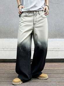 Herren Schwarz & Grau Y2K Gerades Bein Lässig Jeans, Streetwear Stil, Ganzjährig - Grau - Übersicht 2