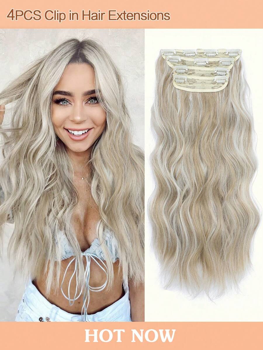 Extensiones de cabello de 20 pulgadas con clip, 4 piezas de extensiones de cabello ondulado, rubio arenoso con extensiones de cabello con reflejos blancos para mujeres