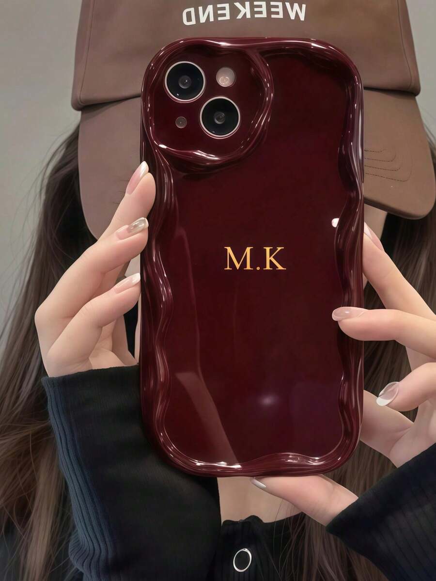 1 Stück cremefarbene wellenförmige personalisierte Paardesign Handyhülle mit Schrift, Herzform, Name, Phrase, personalisierter Unterschrift, stoßfest, dick, ewige Handyhülle, doppellagiger Komplettschutz, kompatibel mit Apple 13/14/15/16 und 17 Pro Max - Bordeaux - Übersicht 1