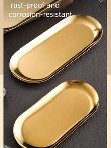 1pcSilver/Gold Oval Stainless Steel Tray, Water Cup Tray, Desktop Storage Tray, Metal Plate, Pastry Plate, Dessert Plate, Jewelry Storage Tray..Elliptical Plate, Creative Restaurant Dessert Plate, Commercial Tray, Korean Cuisine Golden Plate,Suitable For Ramadan, Kitchen Utensils, And Party Supplies - Multicolor - View 2