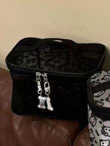 1pc Sanrio Cartoon Large Capacity Kitty Mesh Flocked Cosmetic Bag, Handheld Portable Travel Toiletry Organizer - Multicolor - View 10