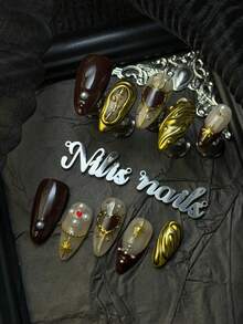 10pcs Handmade Complete Nail Set, Featuring Almond Shaped Burgundy&Gold Nails With Burgundy French Accents Punk Rock Hot Metal Texture 3D Decorative Spring And Summer Nail Set, Hand Drawn Hearts, 3D Matching With Roses Suitable For Girls To Wear On A Daily Basis And Attend Gatherings, Themed Parties, And Other Events. Comes With 1 Mini Nail File And 1 Double-Sided Adhesive Label. - Burgundy - View 4