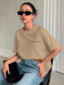 T-Shirt With "Perseverance" Print Lettering. Minimalist, Casual, Modern, Sophisticated, Simple, Basic, Summer, Oversized. - Straw - View 6