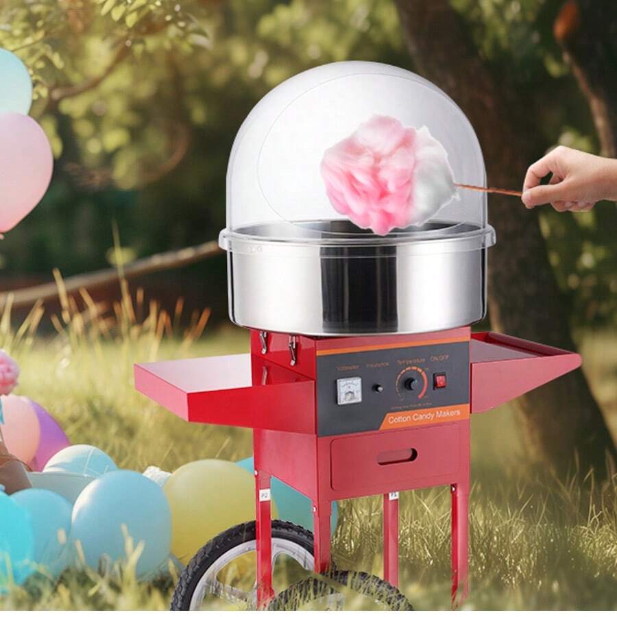 Máquina eléctrica para hacer algodón de azúcar con carrito, 1000 W, comercial, con tapa, recipiente de acero inoxidable, cuchara para azúcar y cajón, perfecta para el hogar, cumpleaños de niños, fiestas familiares, color rojo - Rojo - Ver 1