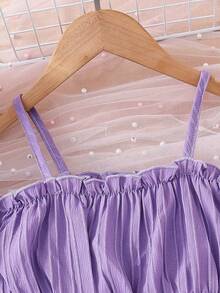 Young Girls Vacation Fuchsia Open Shoulder Puff Sleeve Top + Ruffle High Waist Skirt 2Pcs Set, Sweet And Playful, Suitable For Vacation, Travel And Beach Party, Fits Girls Aged 4-7, Spring/Summer - Purple - View 6